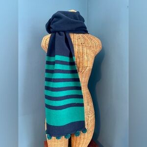J CREW 100% Wool Scarf Navy Green Stripes Pom Poms 2016 Collection 15 x 86 EUC